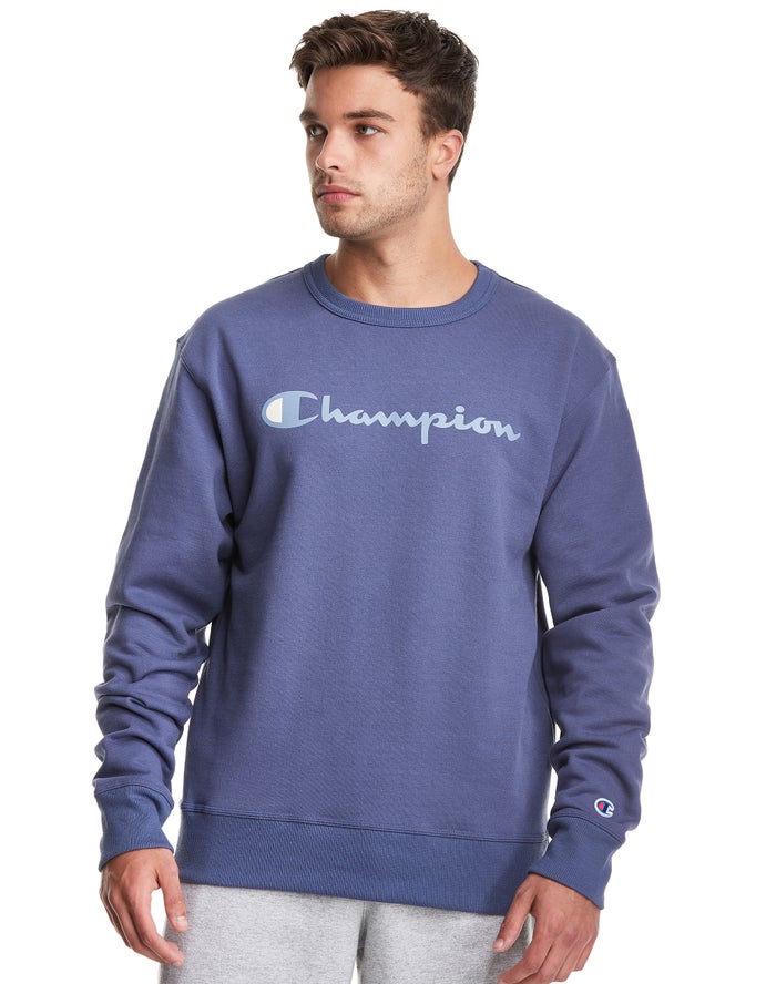 Champion Powerblend Fleece Crew Script Logo Erkek Sweatshirt Mavi ( CHRSAG298 )